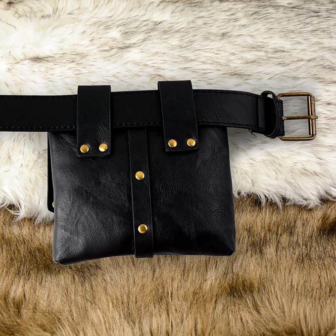 Renaissance Belt Pouch Viking Leather Medieval Belt Waist Bag Pirate Cosplay Festival Halloween Adjustable Accessories (Black)