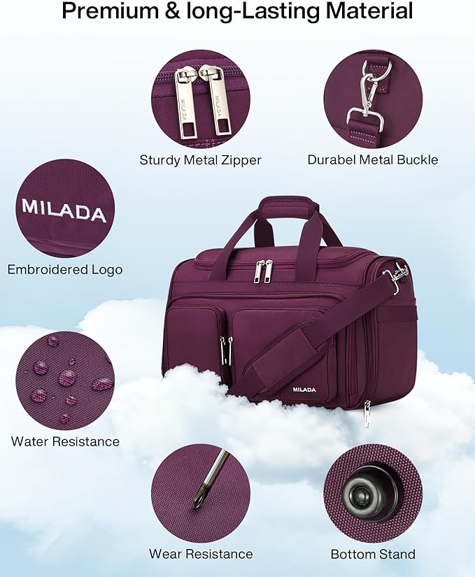 MILADA Underseat Carry On Luggage Bags for Travel Lightweight Foldable Carry On Bags for Airplanes Small Duffle Bag for Men Women Personal Weekend Overnight Travel Tote Bags, Purple