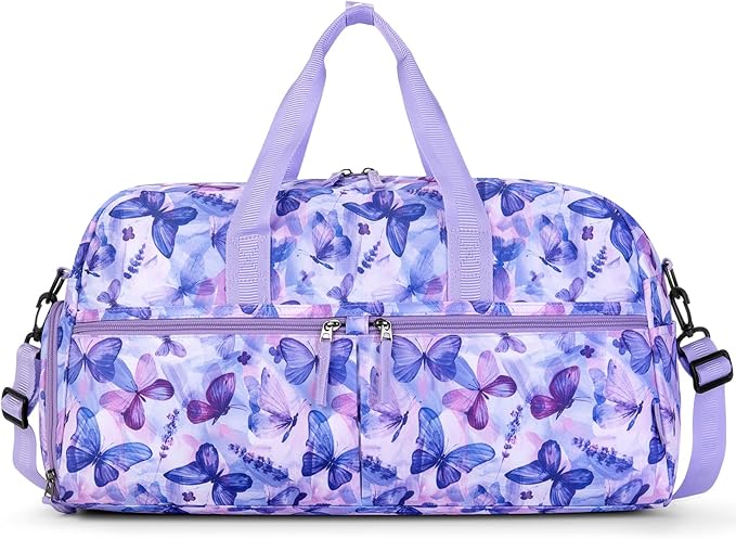 Choco Mocha Girls Duffle Bag for Travel Sports Duffle Bag with Shoe Compartment Gym Duffle Tote Bag Dance Duffle Bags for Teen Girls Butterfly Purple