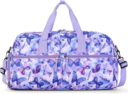 Choco Mocha Girls Duffle Bag for Travel Sports Duffle Bag with Shoe Compartment Gym Duffle Tote Bag Dance Duffle Bags for Teen Girls Butterfly Purple