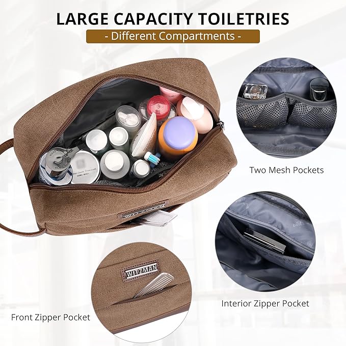 WITZMAN Toiletry Bag for Men Canvas Travel Bathroom Bag Lightweight Dopp Kit Mens Shaving Bag Cosmetic bag(A8011 Brown)