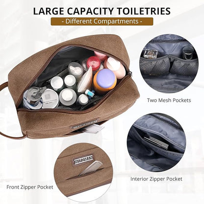 WITZMAN Toiletry Bag for Men Canvas Travel Bathroom Bag Lightweight Dopp Kit Mens Shaving Bag Cosmetic bag(A8011 Brown)