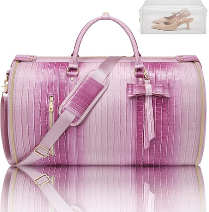 Convertible Garment Duffle Bag for Women, Foldable 2-in-1 Carry On Travel Bag with Shoe Compartment & Toiletry Pocket, PU Leather Stylish Garment Bags for Business Trip, Vacation, Pink-White