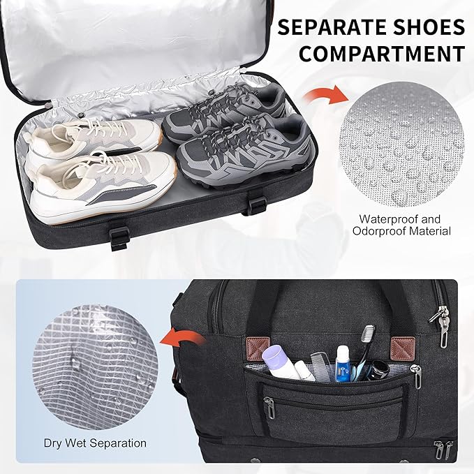 WITZMAN Duffle Bag for Men 50L Canvas Weekender Overnight Bag with Toiletry Bag Sets Travel Duffel Bag Shoes Compartment（A8010-2 Classic Black）