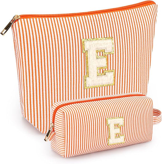 mibasies 2 PCS Initial Makeup Bags for Women: Cosmetic Bag for Travel Toiletry - Personalized Cute Makeup Pouch - Gifts for Grilfriend Wife Moms Bridesmaid - Retirement Travel Gifts - Orange E