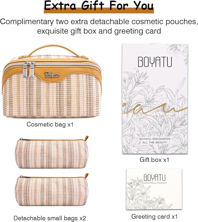 BOYATU Travel Makeup Bag for Women: Large Capacity Open Flat Make up Bag Set of 3 - Vegan Leather Cosmetic Bag with Compartments - Waterproof Toiletry Bag with Handle & Divider(I-4-Gold)