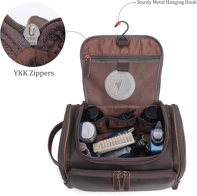 Polare Full Grain Leather Toiletry Case Bag Travel Dopp Kit Organizer Hanging Makeup Cosmetic Shaving Kit Wash Case for Men