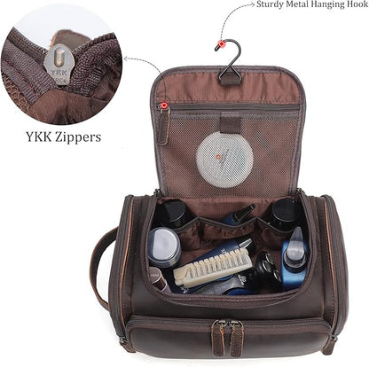 Polare Full Grain Leather Toiletry Case Bag Travel Dopp Kit Organizer Hanging Makeup Cosmetic Shaving Kit Wash Case for Men