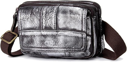 Compact Genuine Leather Waist Pack for Men Phone Fanny Pack Small Chest Messenger Bag with Adjustable Belt Gifts for Men (Silver)