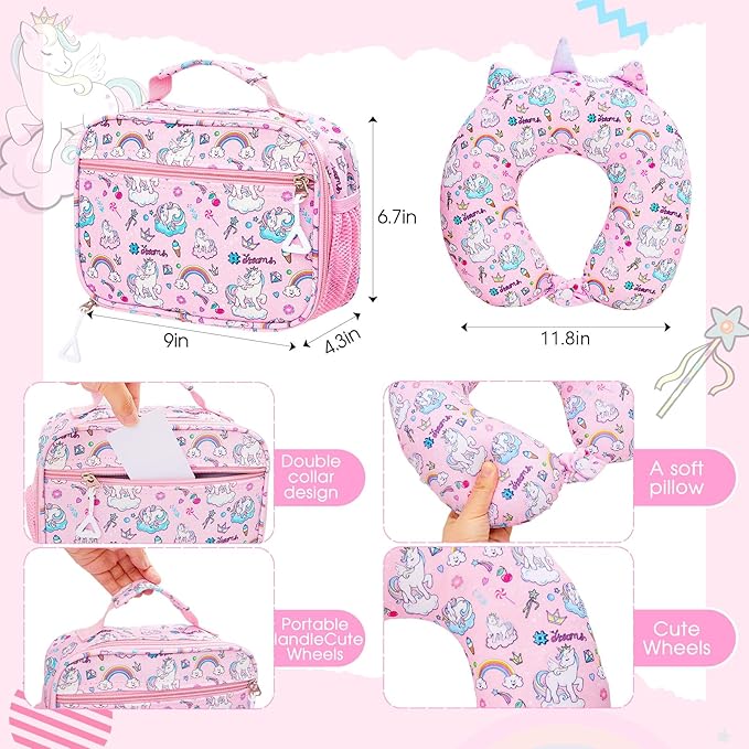 Redbaker 6 Pcs Kids Luggage Set 17 Inch Kids Rolling Luggage Double Pattern Suitcase for Girls Boys School Gift(Soft Pink,Unicorn)