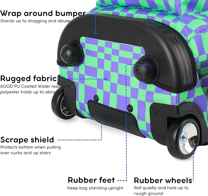 J World Sundance Laptop Rolling Backpack for Girls Boys. Roller Bookbag with Wheels, Pixel Checkers