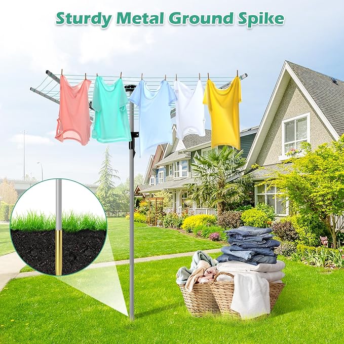 tonchean Rotary Umbrella Drying Rack Outdoors, 4-arm Umbrella Clothesline for Laundry, Adjustable Height Rotary Dryer Collapsible Clothes Drying Rack | 12-Lines with 165 ft. Clothesline