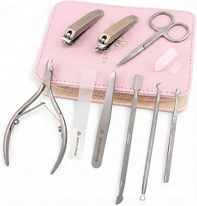 9 in 1 Professional Manicure Pedicure Set - Stainless Steel Nail Clippers, Nano File, Cuticle Nipper, Scissors, Tweezers, Travel PU Leather Case for Men & Women - Gift Ready New (Pink)