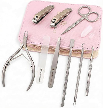 9 in 1 Professional Manicure Pedicure Set - Stainless Steel Nail Clippers, Nano File, Cuticle Nipper, Scissors, Tweezers, Travel PU Leather Case for Men & Women - Gift Ready New (Pink)
