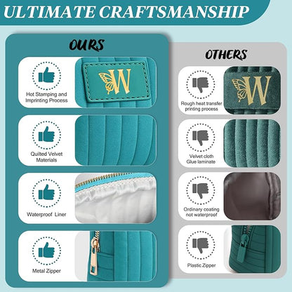 Monogrammed Make Up Bags for Women,Personalized Cosmetic Bags Women,Small Quilted Makeup Pouch,Cute Makeup Bag Travel,Birthday Gifts for Teen Girl (Blue W)