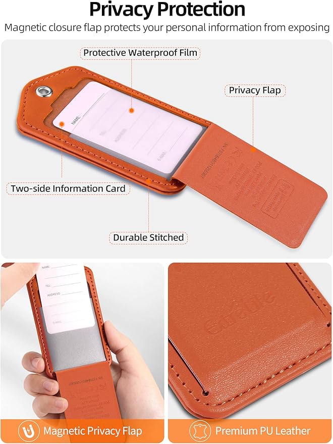 Luggage Tags, Works with Apple Find My, Smart Luggage Tag for Suitcases, Leather Bag Tag for Travel, Suitcase Tag with Privacy Flap, Anti-Lost Luggage Tracker, Travel Essentials, Rechargeable, Orange