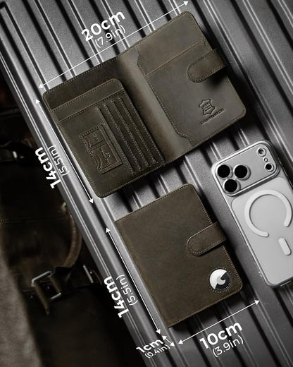 LORZOR Passport Holder for Travel: Full Grain Leather Passport Cover with Airtag Holder Magnetic Buckle for Men - RFID Blocking Bifold Wallet for Air Ticket Card Cash Coin (Black-yellow)