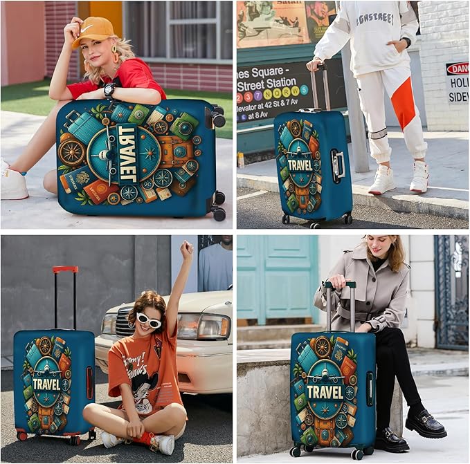 ANNA QUEEN Travel Around the World Luggage Cover, Colorful Landmark Suitcase Protector with Airplane & Globe Design, Stretchable, Washable Travel Sleeve for 20-34 Inch Luggage