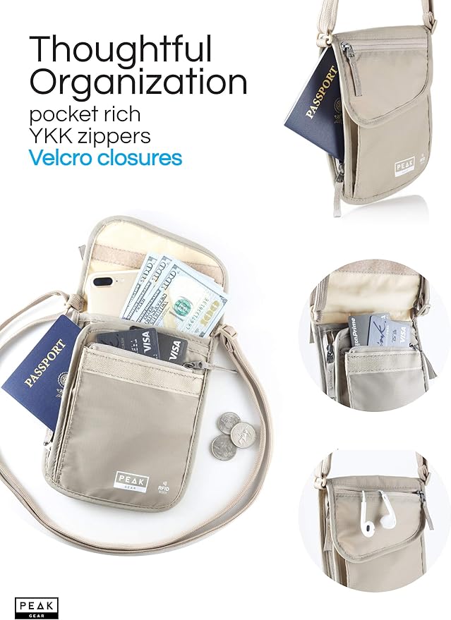 Peak Gear RFID Neck Wallet - The Original Travel Pouch with Adjustable Crossbody Strap + Theft Protection and Lost & Found Service | Beige