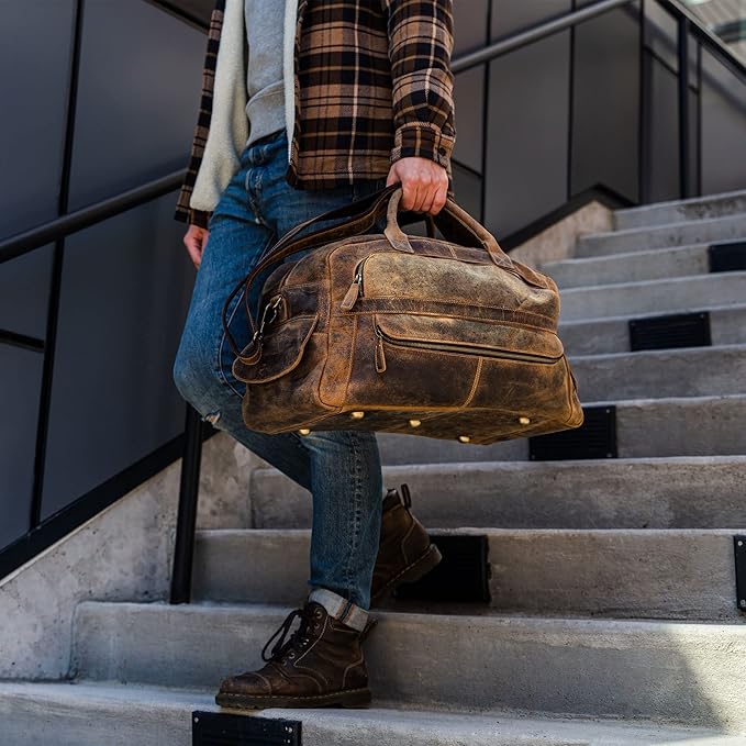 KomalC Leather Travel Duffel Bags for Men and Women - Full Grain Overnight Weekend Sports Gym Duffle