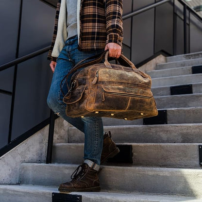 KomalC Leather Travel Duffel Bags for Men and Women - Full Grain Overnight Weekend Sports Gym Duffle