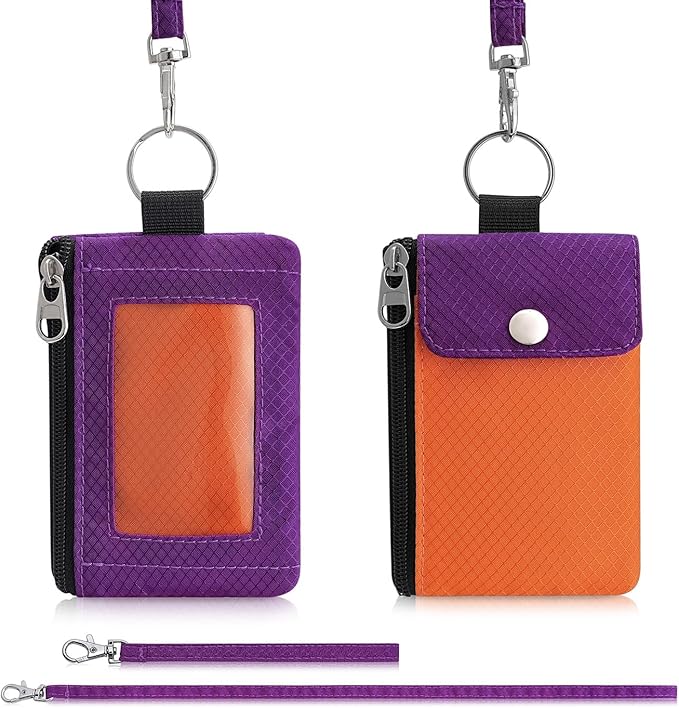 Minimalist Wallet For Mens Womens, Keychain RFID Blocking Zipper Small Wallet with ID Window 2 Lanyards,Water Resistant Travel Cash Card Coin Case Boys Girls