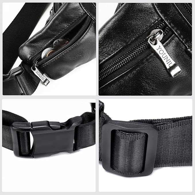 Black Leather Fanny Pack for Men & Women, Fashionable Multi-Pockets Waist Belt Bag for Travel Sports Hiking Cycling Fishing Running