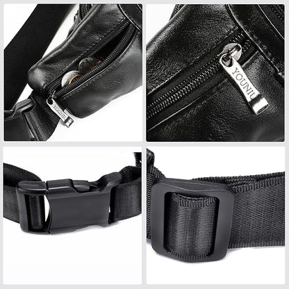 Black Leather Fanny Pack for Men & Women, Fashionable Multi-Pockets Waist Belt Bag for Travel Sports Hiking Cycling Fishing Running
