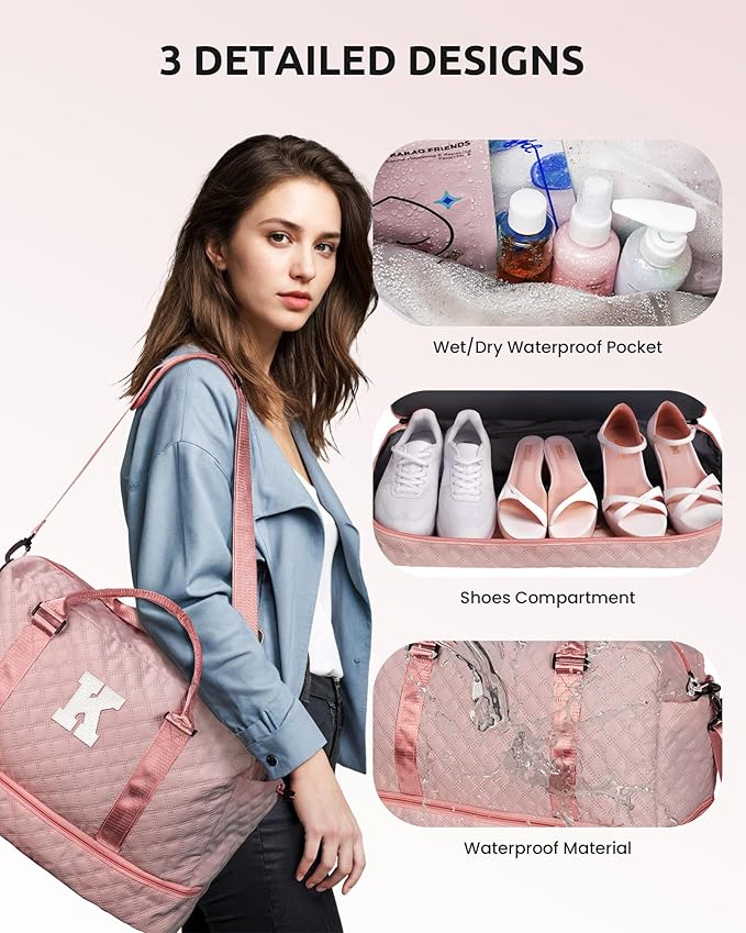 Initial Duffle Bag with Shoe Compartment, Personalized Weekender Bag, Monogram Overnight Bag for Women with Trolley Sleeve & Wet Pocket, Letter Travel Bag with Makeup Bag (Letter D), Pink