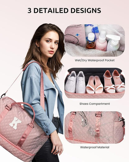 Initial Duffle Bag with Shoe Compartment, Personalized Weekender Bag, Monogram Overnight Bag for Women with Trolley Sleeve & Wet Pocket, Letter Travel Bag with Makeup Bag (Letter D), Pink