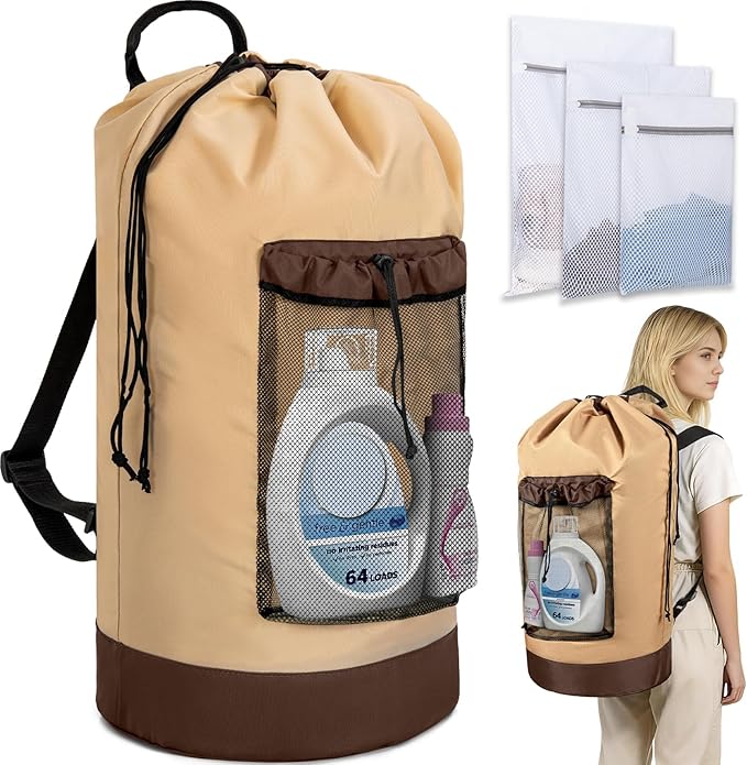 Laundry Bag Backpack with 3 Sizes Mesh Wash Bags and Shoulder Straps Foldable Clothes Hamper Bag with Drawstring Closure for College, Apartment, Laundromat (Brown)
