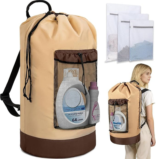 Laundry Bag Backpack with 3 Sizes Mesh Wash Bags and Shoulder Straps Foldable Clothes Hamper Bag with Drawstring Closure for College, Apartment, Laundromat (Brown)