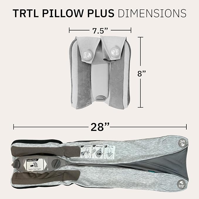 trtl Pillow Plus - Airplane Neck Pillow for Traveling - Height-Adjustable, Breathable Travel Pillow for Head and Neck Support While on Planes, Cars, and Trains - Machine Washable