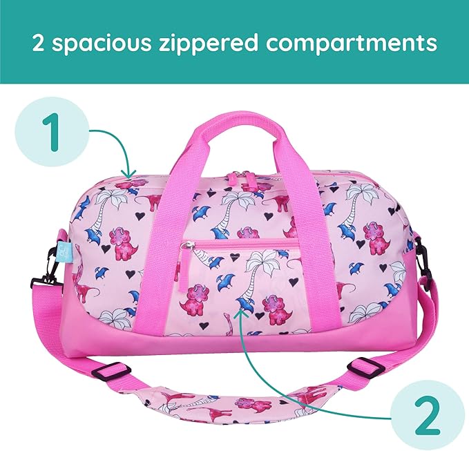 JumpOff Jo by Wildkin Overnighter Duffel Bag – Lightweight Travel Bag for Kids - Pink Dino