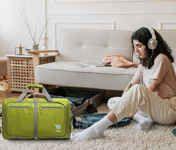 Bago Foldable Duffel Bags for Traveling Women & Men - 40L Sports Packable Duffle Bag for Travel with Shoe Compartment - Water Repellant, Heavy Duty, Lightweight Folding & Collapsible (Green)