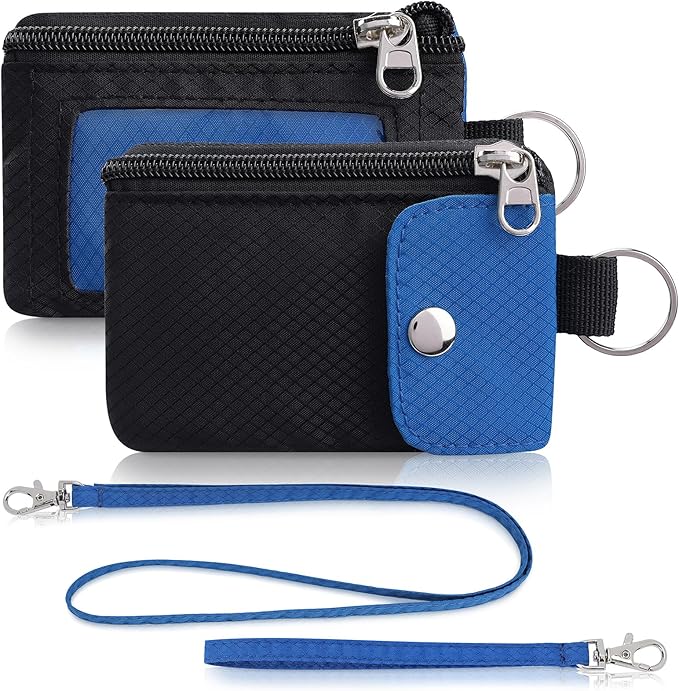 Minimalist Wallet For Mens Womens, Keychain RFID Blocking Zipper Small Wallet with ID Window 2 Lanyards,Water Resistant Travel Cash Card Coin Case Boys Girls
