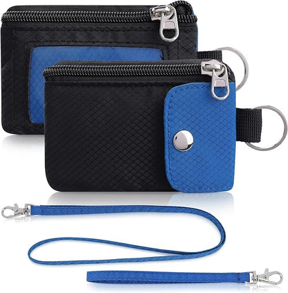 Minimalist Wallet For Mens Womens, Keychain RFID Blocking Zipper Small Wallet with ID Window 2 Lanyards,Water Resistant Travel Cash Card Coin Case Boys Girls