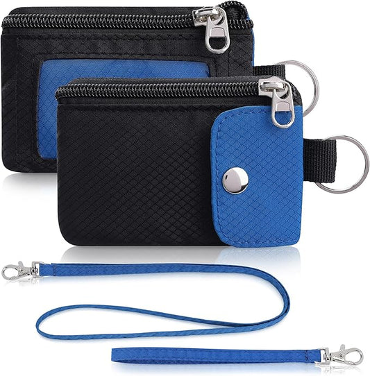 Minimalist Wallet For Mens Womens, Keychain RFID Blocking Zipper Small Wallet with ID Window 2 Lanyards,Water Resistant Travel Cash Card Coin Case Boys Girls