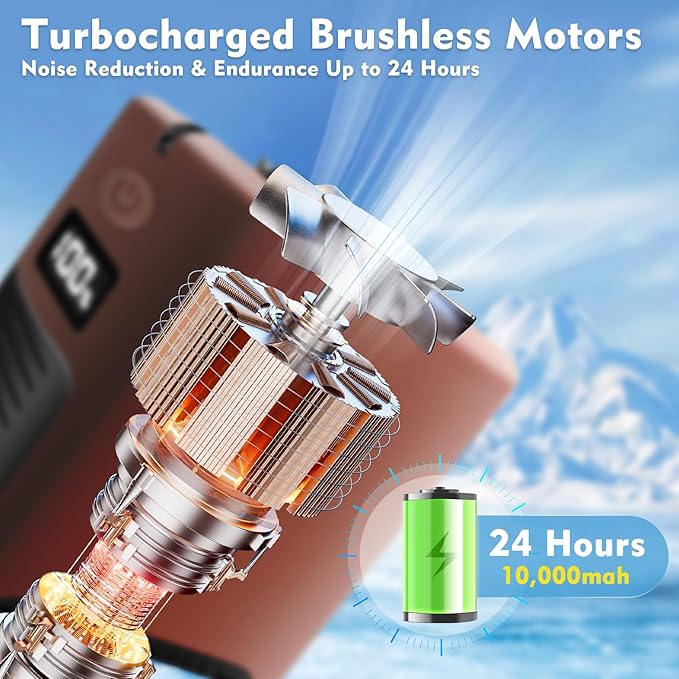 Portable Fan Wearable Personal Fan with 5 Speed Max 55 Working Hours Low Noise Portable Neck Fans Cooling Waist Fans for Camping Traveling LED Power Display 10000mAh Rechargeable (Brown)