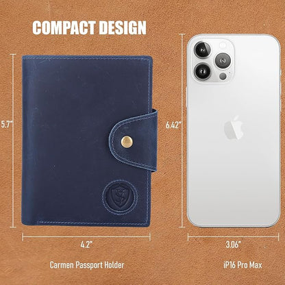 STAR VISTA Carmen Leather Passport Wallet, Dual Bifold Cash Pockets, RFID Blocking, ID Window, 6 Card Slots, Coin Pocket, SIM Slots, AirTag Slots, Navy Blue