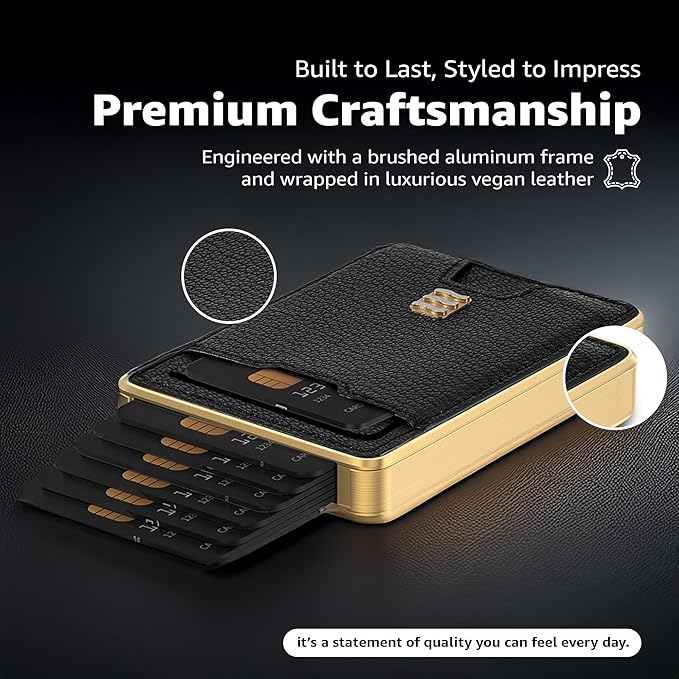 RFID Blocking Wallet, Minimalist Card Holder with Quick Access, Holds 1 to 12 Cards & Cash, Vegan Leather & Brushed Aluminum, Gift-Ready Packaging (Black & Gold)