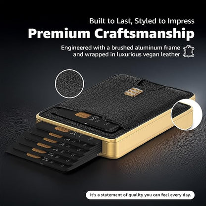 RFID Blocking Wallet, Minimalist Card Holder with Quick Access, Holds 1 to 12 Cards & Cash, Vegan Leather & Brushed Aluminum, Gift-Ready Packaging (Black & Gold)