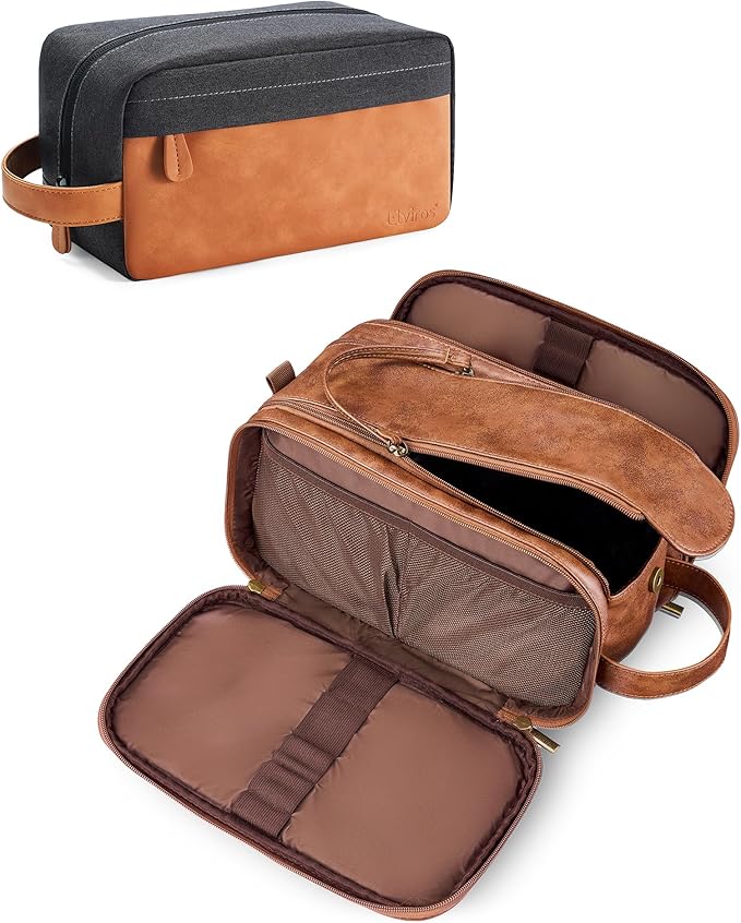 Elviros Travel Toiletry Bag Gift for Men，Mens Toiletries Bag Gifts Set Shaving Dopp Kit Water-resistant Bathroom Toiletries Organizer PU Leather Cosmetic Bags 2 Pack