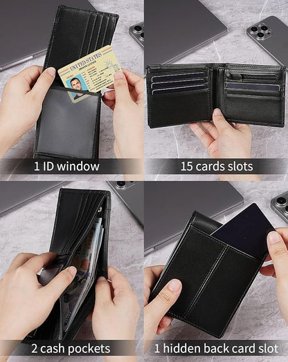 Swallowmall Leather Wallet for Mens Genuine Leather RFID Blocking Bifold Wallets with 1 ID Window 15 Card Slots