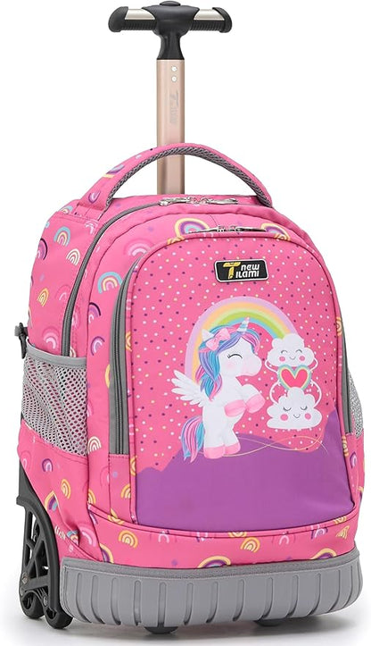NEW TILAMI 16 Inches Rolling Backpack for Kids Adjustable Laptop Luggage with Wheels for Girl Boy School Travel Camping Boys Rolling Backpack Rainbow Unicorn