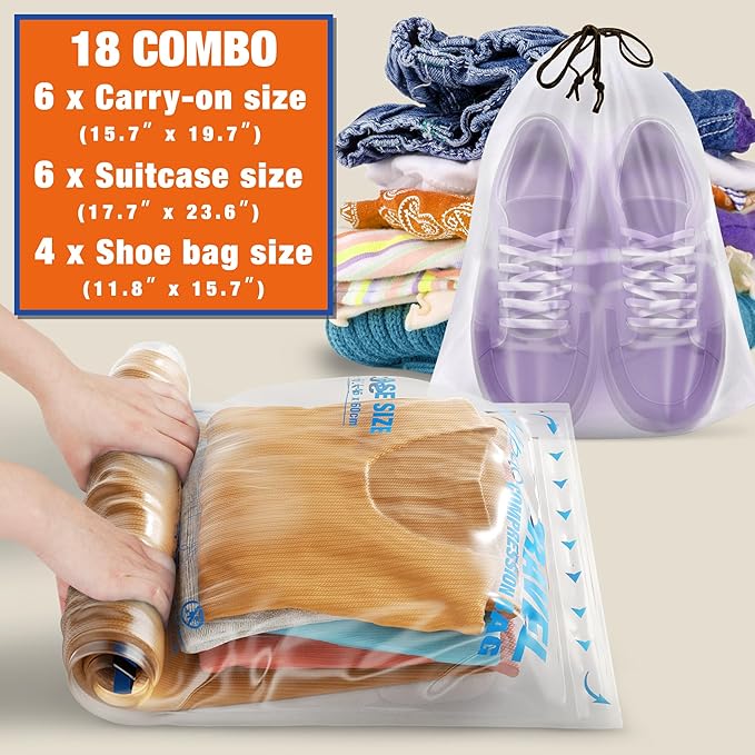 Travel Essentials Compression Bags, 12 Clothes Bags and 4 Shoe Bags for Cruise Luggage Accessories (16-Travel)