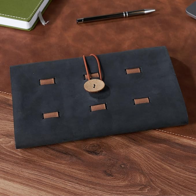 HARDISTON Custom Genuine Leather Electronic Cable Organizer Bag Handmade Travel Cord Organizer Roll Case for Hard Drives, Cables, Charger, Phone, USB, SD Card (Large - Black)