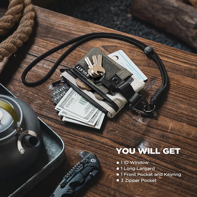 VULKIT Small RFID Wallet for Women & Men – Minimalist Zipper Wallet with ID Window, Keychain & Carabiner, Holds 15 Cards, Water Resistant Travel Lanyard Wallet Olive Green