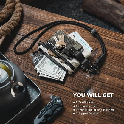 VULKIT Small RFID Wallet for Women & Men – Minimalist Zipper Wallet with ID Window, Keychain & Carabiner, Holds 15 Cards, Water Resistant Travel Lanyard Wallet Olive Green