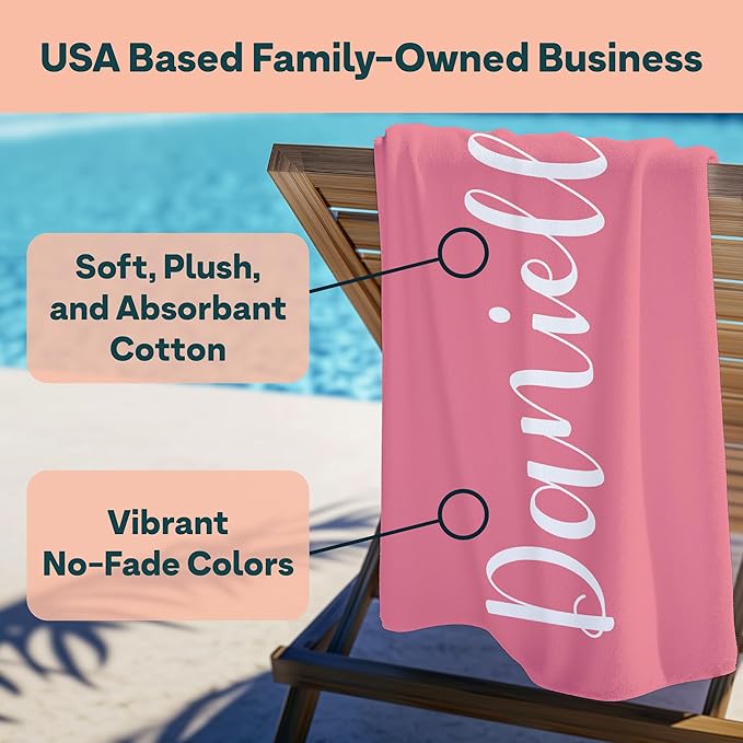 Ships Next Day - Personalized Beach Towel for Kids & Adults - Printed in USA - Custom Towels with Picture and Text - Quick Dry Pool Towels - Cotton/Poly Blend - 30" x 60" - Solid Color